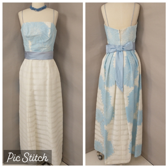 Vintage Dresses & Skirts - 60s Vintage Pastel Blue & White Gown Maxi Dress Party Prom Feminine w Flower